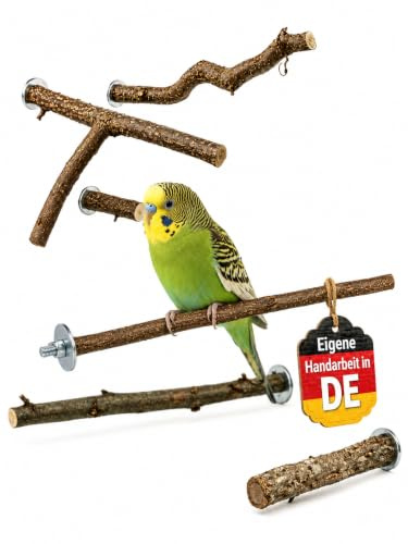 Vogelgaleria® 6 Verschiedene Sitzstangen Verschiedene: Gerade Haselsitzstange, Wildobst, Kork, Korkenzieherhasel, Y-Stange, Einzelsitzer für Wellensittich - Vogelkäfig Zubehör