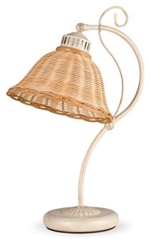 Tischleuchte Landhaus Hygge shabby-weiss Rattan natur-farbig Korblampe | Helios Leuchten 4020713/W Nachttischlampe antik-weiss handgefertigter Korbschirm 1 x E27