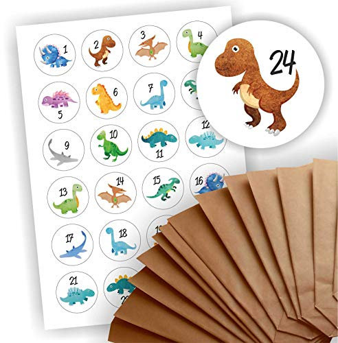 Play-Too Adventskalender zum Befüllen 24 braune Geschenktüten Kraftpapiertüten + 24 weihnachtliche Aufkleber Papiertüte DIY Dinosaurier Dinos Dino