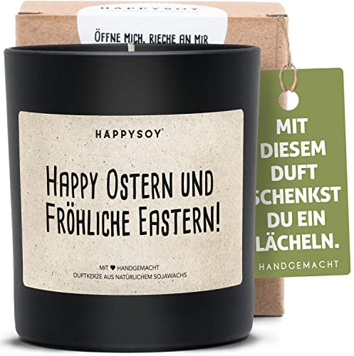 Happy Ostern und fröhliche Eastern - Duftkerze mit Spruch als Geschenk zu Ostern, liebevolle Aufmerksamkeit mit blumigem Duft, Kerze im Glas