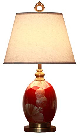 Fine Asianliving Chinesische Tischlampe Porzellan mit Schirm Rot Gold Ginkgo-Blätter Handgefertigt D18xH60cm mit Lampenschirm E27 China Orientalische Tischleuchte Keramik Nachttischlampen