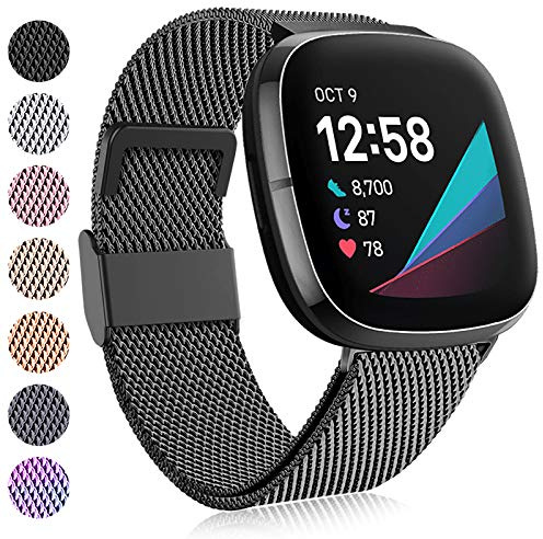 Faliogo Kompatibel mit Fitbit Versa 3/4/Sense Armband, Verstellbares Edelstahl Metall Ersatzarmband mit Magnetverschluss für Versa 4/3/Sense 2, Schwarz