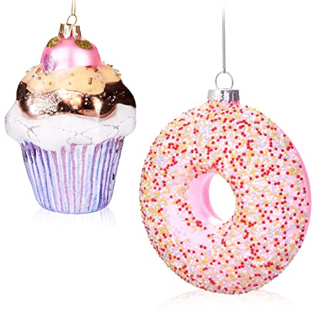 BRUBAKER Baumkugel Set Muffin & Donut - Handbemalte Weihnachtskugeln Süßes in Rosa Pink - Mundgeblasener Christbaumschmuck aus Glas - Sweets Baumschmuck Lustig - 2-teiliges Baumanhänger Set