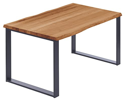 LAMO Manufaktur Esstisch Küchentisch Schreibtisch Couchtisch aus Massivholz, mit Baumkante 140x80x76 cm (AxBxH), Modern, Dunkel/Anthrazit, LAB-01-A-004-7016M