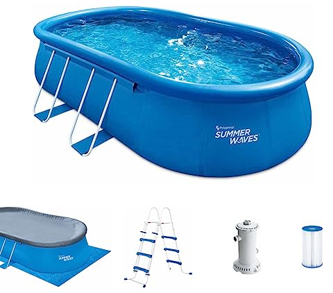 Summer Waves Quick Up Pool Komplettset | Oval 549x305x107 cm Blau | Aufstellpool Set | Gartenpool & Schwimmbecken inkl. Filterpumpe, Leiter, Bodenvlies & Abdeckplane