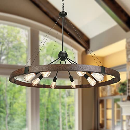 Klgxnrd 38.2'' Large Farmhouse Wagon Wheel Chandelier for Living Room, 8-Light Rustic Round Metal Light Fixtures for Dining Room Entryway Kitchen Island, Vintage Rust and Black Finishes