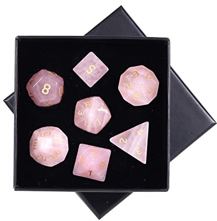 mookaitedecor 7 Stück Rosenquarz Edelstein Polyedrische Würfel Set | Polierte DND Würfelset, für Dungeons und Dragons, Tabletop Spielwürfel, RPG MTG Tischspiele Rollenspiel Heim Dekoration