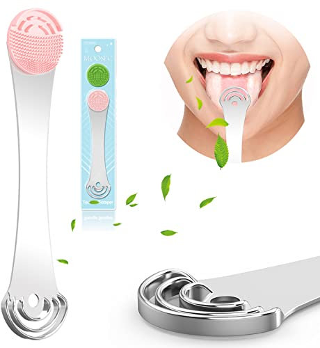 MOOSEC Tongue Scraper for Adults&Kids, Durable Food Grade 2 in 1 Silicone Tongue Brush and 100% Stainless Steel Tongue Scrapers, Reduce Bad Breath
