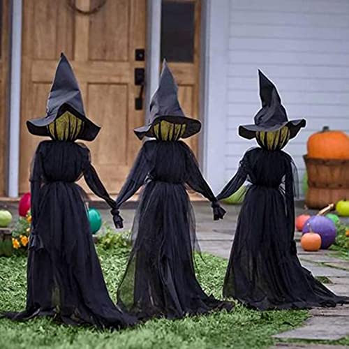 Holding Hands Witches with Stakes Halloween Decorations Scary Props for Outside,Garden,Yard, Creepy Light-up Witch with 7-Color Lighting Change,Voice Control,Waterproof, Life Size