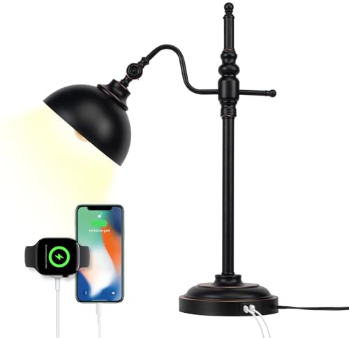 JCPYIUL Schreibtischlampe mit 2 USB-Ladeanschluss Schwarz Metall Tischlampe Industrielle Stehlampe Rustikale Moderne Vintage Arbeitslampe für Schlafzimmer Büro Wohnzimmer