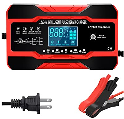 10 Amp Autobatterieladegerät, 12V und 24V Vollautomatisches Smart Autobatterie-Entsulfator, Batterie-Erhaltungsladegerät, Batterie-Erhaltungsladegerät mit Temperaturkompensation für Boot Motorrad