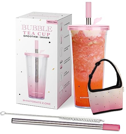 HYDRATE 2.ONE 700ml Bubble Tea Becher mit Boba Strohhalm und Tragegriff | Trinkbecher mit Deckel aus Plastik, Becher ideal als Cocktailgläser, für Tea mit Boba perlen & Eiskaffee oder Smoothie