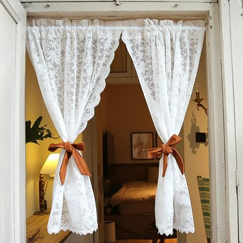 Daliena Scheibengardinen Lang Weiß Landhausstil Bistro Gardine mit Stangendurchzug, Halbtransparent hochwertige Stickerei, BxH 65x100cm 2 Stücke