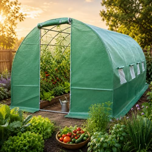 TOM Foliengewächshaus 175 g/m² – Folientunnel mit 2 Türen | Mit Erdankern und Fenstern mit Insektenschutz – Gewächshaus für Tomaten, Gemüse, Pflanzen und Garten