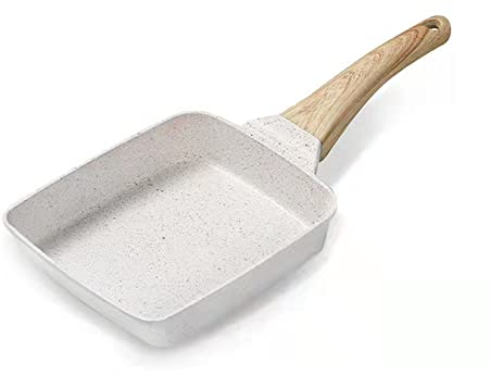 Zalnuuk Poêle à omelette japonaise rectangulaire avec revêtement antiadhésif, poignée amovible pour tous les poêles, 19,1 x 14 cm, blanc crème