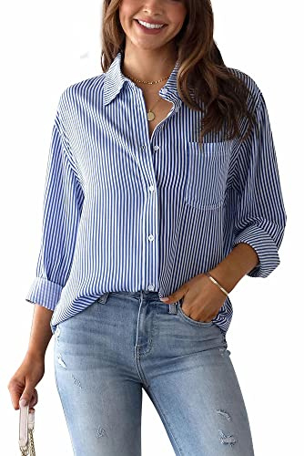 Panegy Blouse Women’s Tops Elegant Long Sleeve Checked V-Neck Shirt Casual Stand-Up Collar Button Down Blouse Shirt Fashion Tunic Linen Shirt Tops Office Blouses Blue XXL