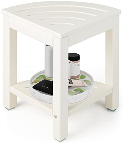 LIFEZEAL Eck Badhocker Duschhocher, Sitzhocker mit Ablage, Badezimmerhocker in Fächerform, Eckduschhocker max 150kg belastbar (Weiß)