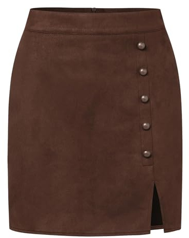 MAOAEAD Jupes en cuir synthétique pour femmes, mini-jupes à taille haute sexy, couleur unie, jupe en cuir synthétique pour l'automne et l'hiver, boucle en métal, jupes courtes, marron, M