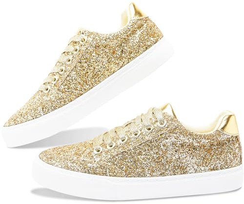 Jeekopeg Glitter Sparkly Fashion Sneakers Shoes Shiny Casual Shoes Bling Sequin Concert Low Cut Lace up Shoes(Gold Glitter,14 Women/12 Men)
