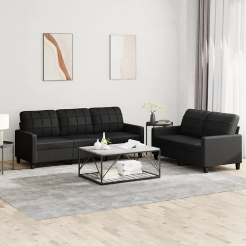 SECOLI Sofa Set 3-2 Wohnzimmer Garnitur - Kunstleder Couch für Wohnzimmer/Schlafzimmer/Büro/Wohnung - 3-Sitzer und 2-Sitzer - Schwarz