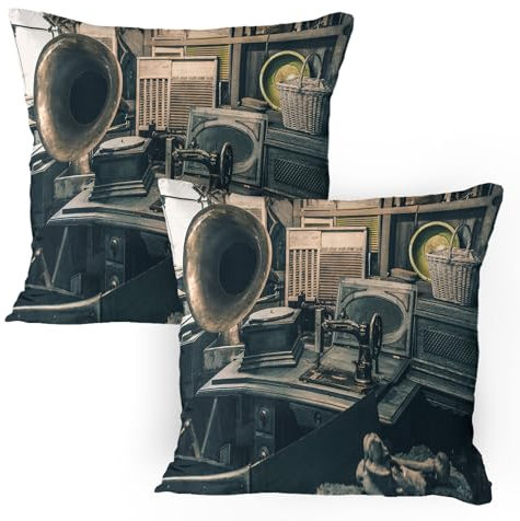 ABAKUHAUS Antiquität Kissenbezug Packung mit 2, Antiquitätengeschäft Inventar Alte Grammophon Nähmaschine zwanzig Jahrhundert Stuff, Dekorativer Standard Gedruckter Kissenbezug, 80 x 80 cm, Sepia