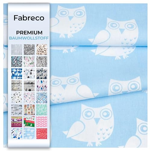 Fabreco Baumwollstoff Meterware 50x160cm - Eule blau | 220 g/lfm - Weich, langlebig & hautfreundlich | Stoffe zum Nähen & Dekoration
