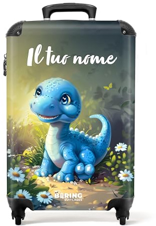 NoBoringSuitcases.com Kinderkoffer, Koffer Personalisiert, Koffer Kinder, Kinder Reisekoffer, Handgepäck Koffer, Trolley Kinder, Hardcase Koffer, Koffer Handgepäck 55x40x20 cm (Junger Dino - Hellblau)