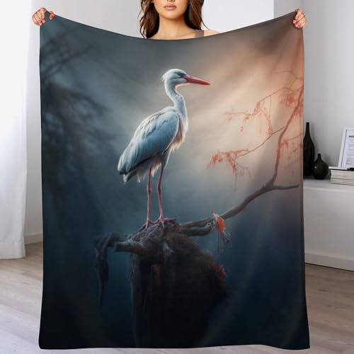 PAZZK Storch Kuscheldecke Flauschige Decke Decke Vier Jahreszeiten Wohndecke Dicke Sofadecke Couchdecke Weiche Fleecedecke Flannel Sofaüberwurf Tagesdecke Für Bett/Sofa（130×180cm）