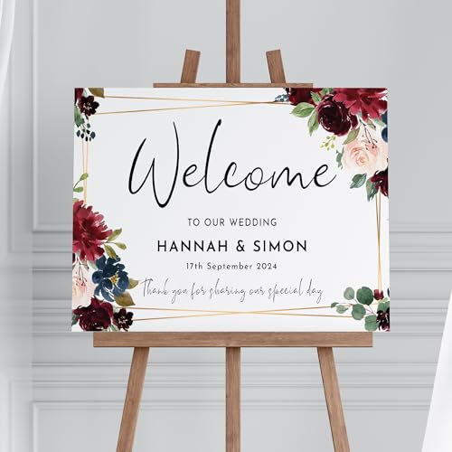 Burgundy and Navy Floral Wedding Welcome Sign, Red Floral Wedding Entrance Board, Burgundy and Navy Welcome to our Wedding Sign, Foamboard, A4, A3, A2 or A1