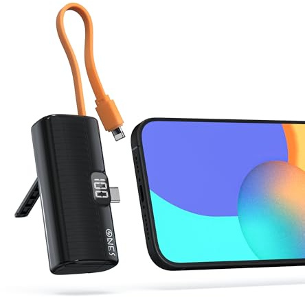 ONES Power Bank portatile, ricarica rapida 5000mAh display LED, mini batteria backup piccolo caricabatterie per iPhone 16/15/14/13/12/11 PRO MAX/XS Samsung S23 ecc., spina USB C e cavo lighting, nero
