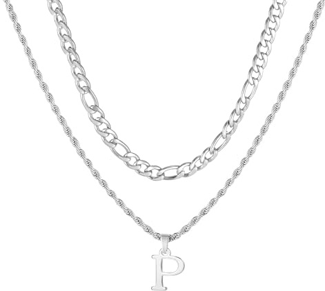Collar Inicial Para Hombres, Cadena De Acero Inoxidable Y Plata Figaro Torcida Correa De Cuerda Con Colgante De Cadena En Capas De Letras A - Z Collar Hombres CumpleañOs Regalo Padre (Plata P)