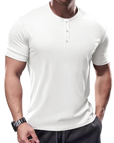 Muhshoiy Herr Muskelskjortor Kortärmad Henley Tröja Smal Passform Ribbad Skjorta för Män Vslappnad Sport Shirt vit L