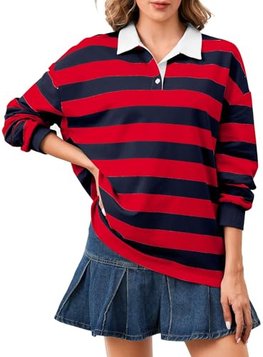 Soamat Women's Oversized Striped Polo Sweatshirt Long Sleeve Rugby Collared Pullover Tops Loose Fit Shirt