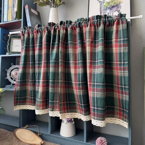 Yaland Karomuste Scheibengardine mit Spitzenbordüre Design Landhausstil Küchengardine mit Stangendurchzug Kleinfenster 1 Stück Grün HxB 40x140cm
