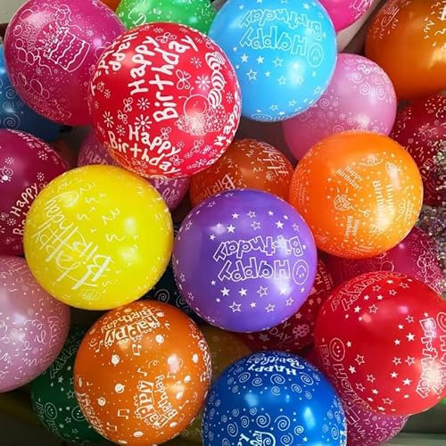 50 Pezzi Palloncini per Compleanno, Palloncini Colorati Misti Compleanno Palloncini Happy Birthday con Stampa, Palloncini di Compleanno Colorati in Lattice con Scritta Happy Birthday