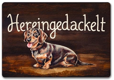speecheese Hereingedackelt Fußmatte in 35x50 cm ohne Rand mit Dackel Aquarellgemälde-Stil auf hölzernem Hintergrund Mit Halsband geschwungener Schriftart Stilvoll dunkler Charme für Ihr