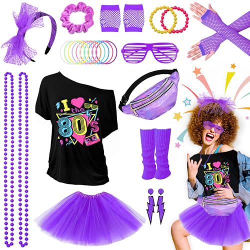 80-tals outfit damset, daman 80-tals kostym, 28 st 80 kostymer tillbehör med t-shirt, tyllkjol, midjeväska, näthandskar, 80 år kläder, neonkostym dam för karneval tema temafest