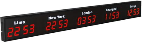 Orologio con Fusi Orari Mondiali, Orologio Digitale con Più Fusi Orari, Orologio Mondiale a LED, 3/4/5 Città Fuso Orario, per Aziende Multinazionali Hotel Ufficio,5City-Red