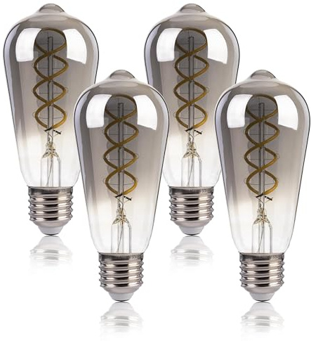 FLSNT Dimmbare E27-Glühbirne, entspricht 40 W, 4 W, ST58 LED, Vintage-Glühbirnen, 260 lm, Edison-Schraube, 5000 K Tageslicht-Glühbirnen, rauchgraues Glas, 4 Stück