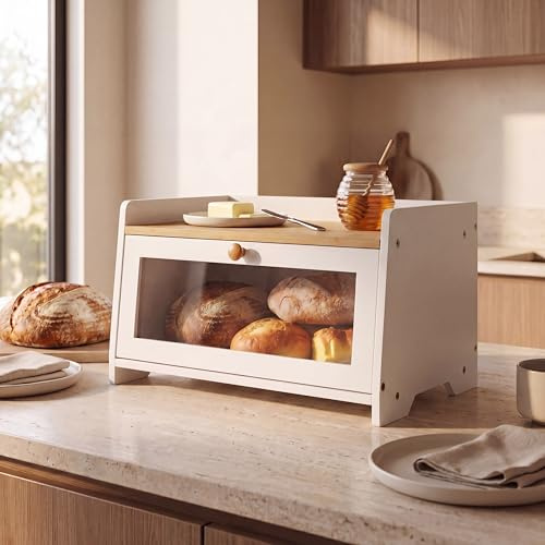 Maison Des Cadeaux Two Tone Bamboo Wood Bread Bin Food Storage Kitchen Countertop with Top Shelf