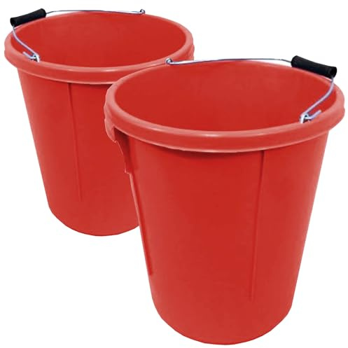 2x Red Plasterer Bucket Heavy Duty Plasterers Bucket for Mixing Building Plaster and Holding Water - 25 Litre