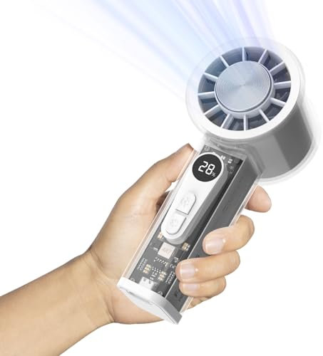Oramuon Ventilateur Portable Rechargeable 5000mAh (avec fonction de refroidissement) — Mini Ventilateur de Poche 6 Vitesses, Autonomie maximale 15h, Écran LED — Indispensable pour Concerts, Voyages