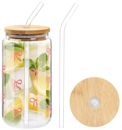 Stormshopping 16 Oz Drinking Glasses with Bamboo Lids and Glass Straw - 500ml Clear Can Shaped Glass Cups Beer Ice Coffee Glasses Cute Aesthetic Cup Great for Coffee Bar Accessories