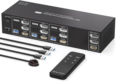 PVBCTCSID 8K 2 Displayport HDMI KVM Switch 3 Monitors 3 Computers 4K144Hz Triple Monitor KVM for 3 PC Sharing 3 Screens and 4 USB 3.0 port with Remote Control