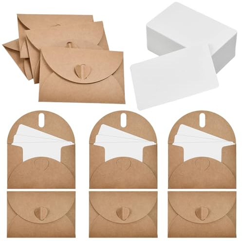 Zuxbolf Kraftpapier Umschläge 100 Stück mit Karten Herzverschluss | Mini Briefumschläge Blanko Grußkarten Geschenkkarten Gutscheine Dankeskarten Geburtstag Weihnachten