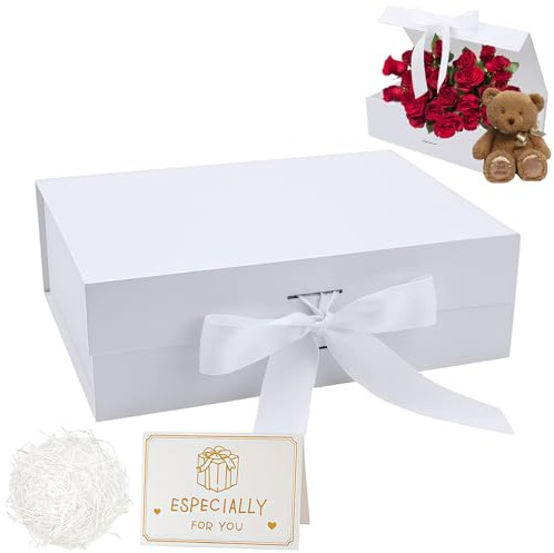 Luxuös presentlåda RONGZUBAT med magnetiska lock - Vit, 22 x 16 x 8,8 cm - Perfekt för födelsedag, jul, bröllop - Presentpåse med kort, kuvert, konfetti