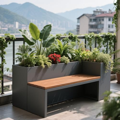 JINGSHIQIAOPL Modern Outdoor Planter Park Bench with Wooden Seat, Minimalist Metal Flower Box Bench for Patio, Balcony, Garden, Commercial Spaces, 63 In(Grey)