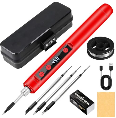 Lötkolben Set, USB Akku Lötkolben mit LCD, 180 ℃-450 ℃, Tragbar Soldering Iron mit Lötdraht, Werkzeugkasten, 3 Lötkolbenspitzen usw für Kleiner Reparatur wie Leiterplatten & Schmuck