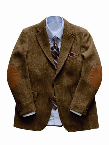 Men's Herringbone Tweed Blazer with Elbow Patches Business Casual Jacket Classic Lapel Sport Coat Flap Pockets Brown