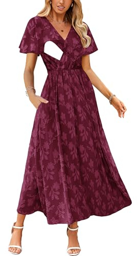 CzzzyL Women's Short Sleeve Nursing Dresses for Breastfeeding V Neck Floral A Line Wedding Guest with Pockets Burgundy Large